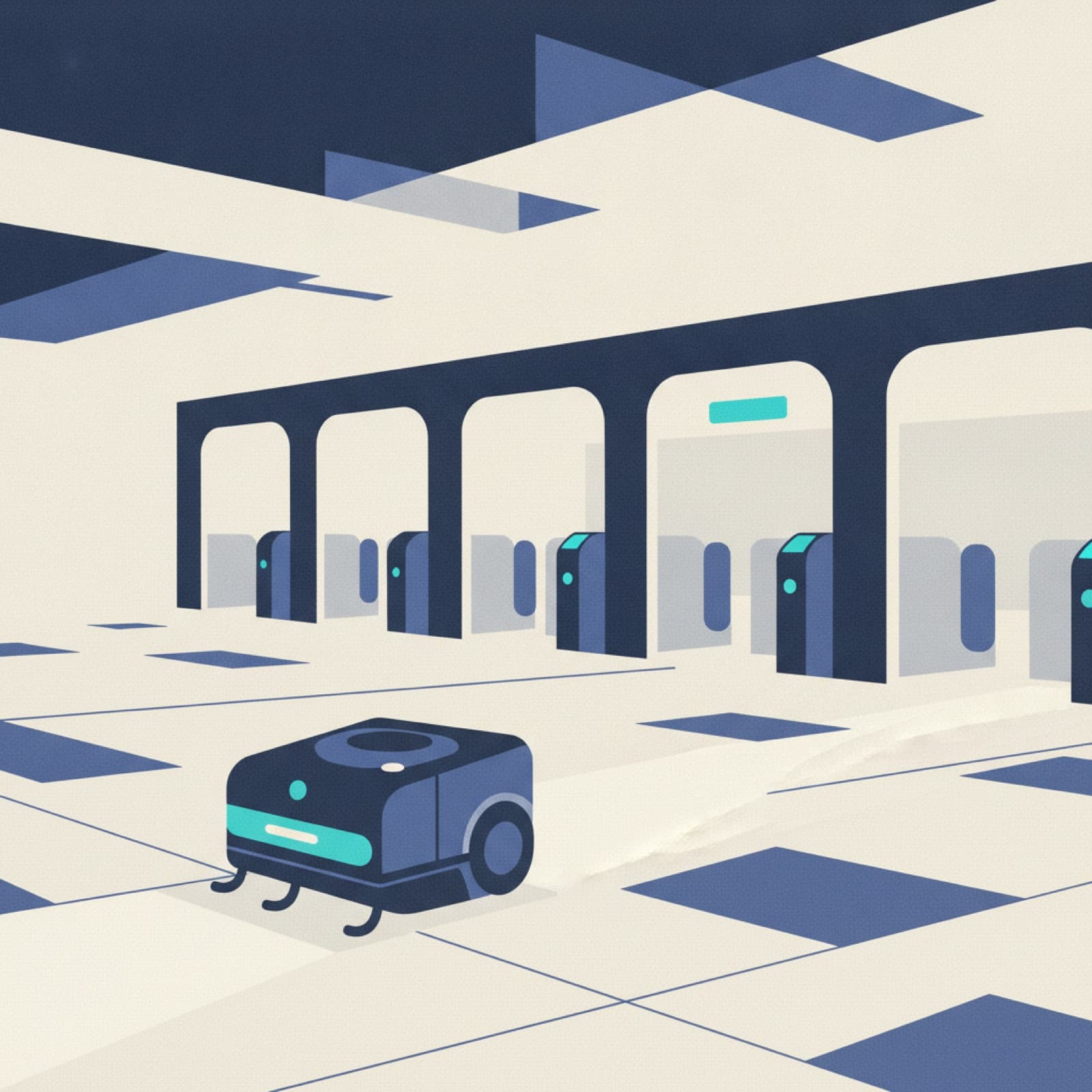 A transit station concourse swept around the clock