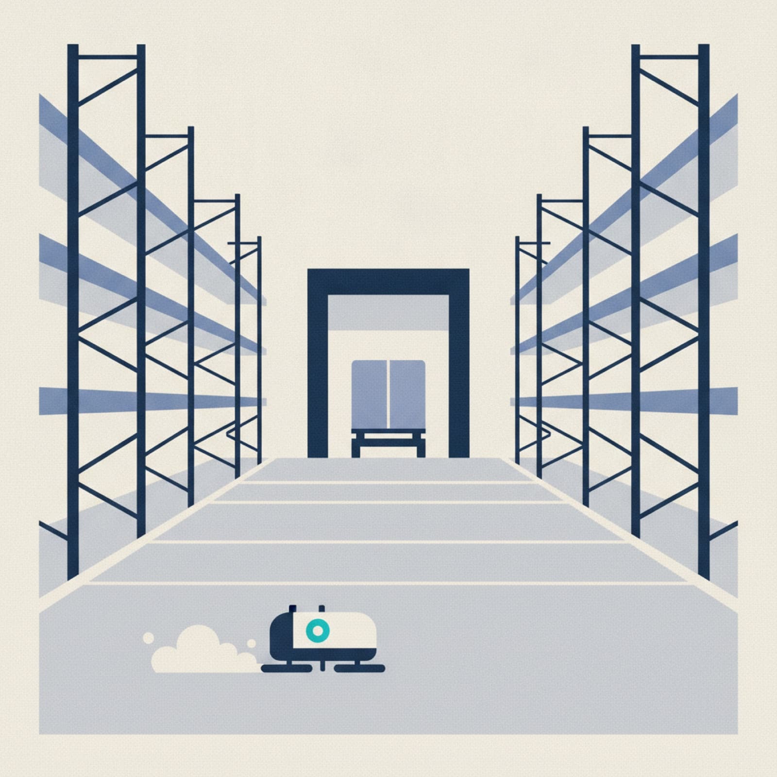 A distribution warehouse with racking aisles and a loading dock
